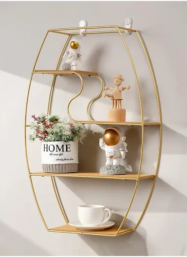 Oval Design Wall-Mounted Metal Rack Storage Shelf Display Organizer for Living Room - Gold