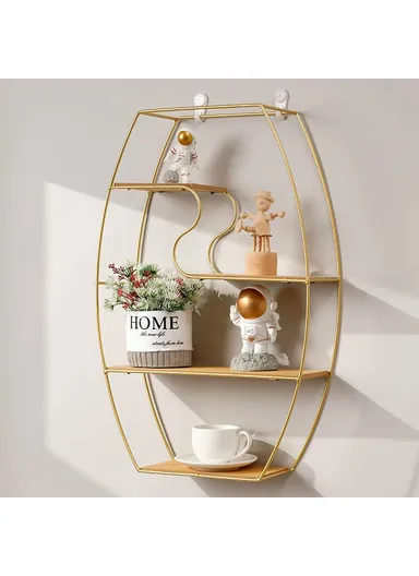 Oval Design Wall-Mounted Metal Rack Storage Shelf Display Organizer for Living Room - Gold