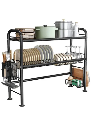 85.5cm Double Layer Kitchen Sink Dish Drying Rack Carbon Steel Bowls Plates Organizer Draining Shelf