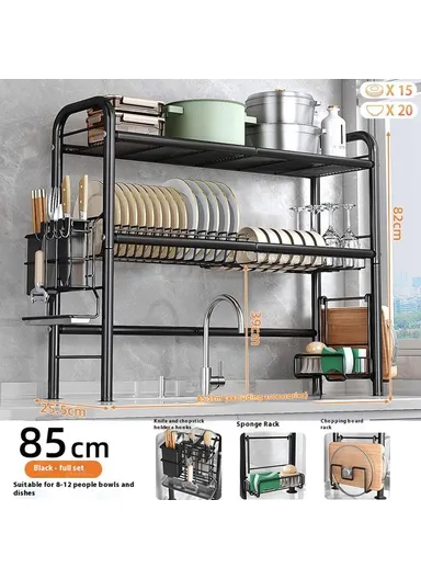 85.5cm Double Layer Kitchen Sink Dish Drying Rack Carbon Steel Bowls Plates Organizer Draining Shelf