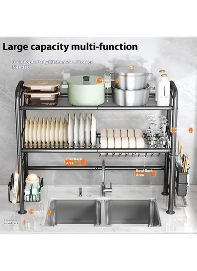 85.5cm Double Layer Kitchen Sink Dish Drying Rack Carbon Steel Bowls Plates Organizer Draining Shelf