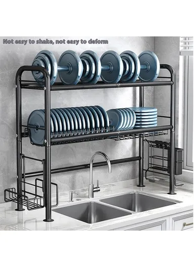 85.5cm Double Layer Kitchen Sink Dish Drying Rack Carbon Steel Bowls Plates Organizer Draining Shelf