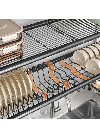 85.5cm Double Layer Kitchen Sink Dish Drying Rack Carbon Steel Bowls Plates Organizer Draining Shelf