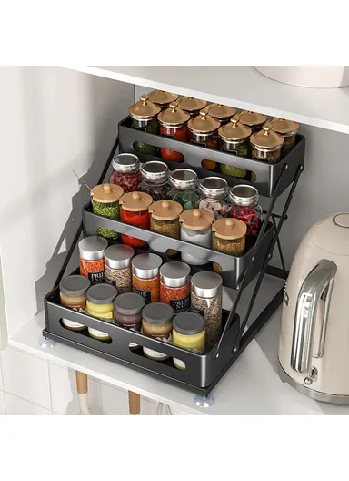 3-Tier Kitchen Spice Rack Organizer Carbon Steel Storage Shelf with Draining Slots
