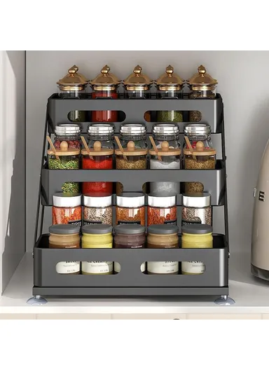 3-Tier Kitchen Spice Rack Organizer Carbon Steel Storage Shelf with Draining Slots