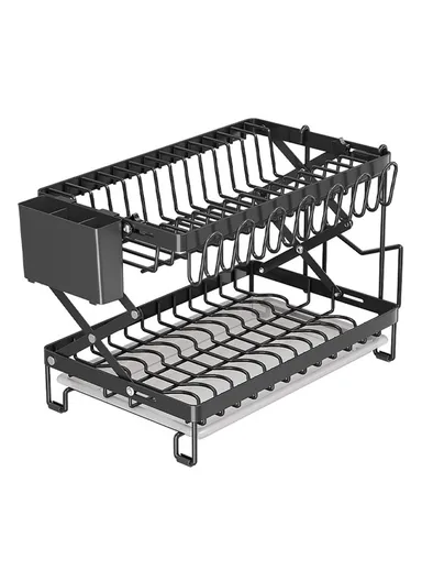 Foldable Dish Rack 2-Tier Kitchen Countertop Carbon Steel Organizer Space Saving Drying Shelf With Drip Tray - Black