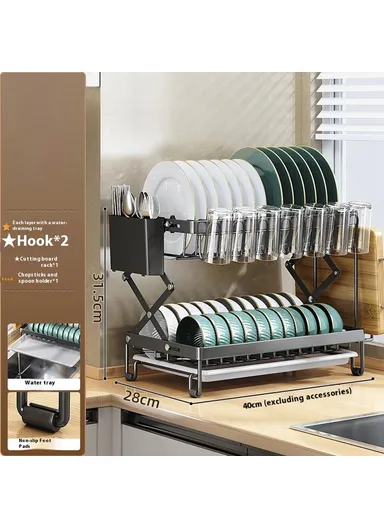 Foldable Dish Rack 2-Tier Kitchen Countertop Carbon Steel Organizer Space Saving Drying Shelf With Drip Tray - Black