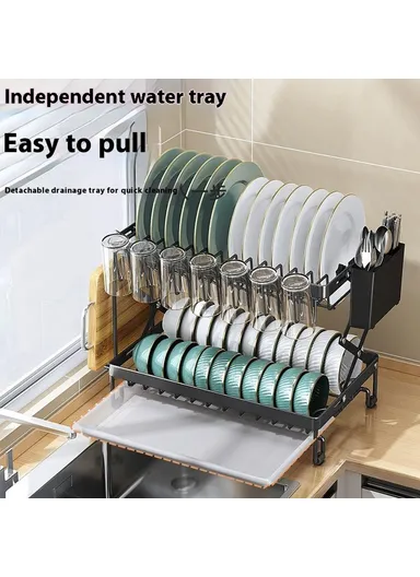 Foldable Dish Rack 2-Tier Kitchen Countertop Carbon Steel Organizer Space Saving Drying Shelf With Drip Tray - Black