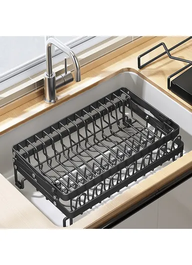 Foldable Dish Rack 2-Tier Kitchen Countertop Carbon Steel Organizer Space Saving Drying Shelf With Drip Tray - Black