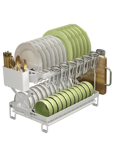 Foldable Dish Rack 2-Tier Kitchen Countertop Carbon Steel Organizer Space Saving Drying Shelf With Drip Tray - White