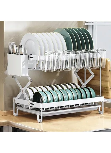 Foldable Dish Rack 2-Tier Kitchen Countertop Carbon Steel Organizer Space Saving Drying Shelf With Drip Tray - White