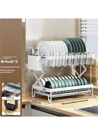 Foldable Dish Rack 2-Tier Kitchen Countertop Carbon Steel Organizer Space Saving Drying Shelf With Drip Tray - White