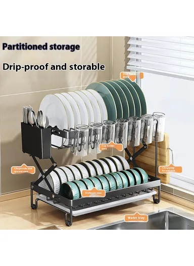 Foldable Dish Rack 2-Tier Kitchen Countertop Carbon Steel Organizer Space Saving Drying Shelf With Drip Tray - White