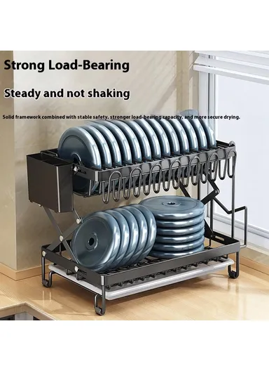 Foldable Dish Rack 2-Tier Kitchen Countertop Carbon Steel Organizer Space Saving Drying Shelf With Drip Tray - White