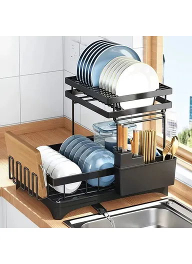 Dual Layer Iron Dish Drying Rack Kitchen Countertop Sink Drainer Dish, Bowl, Holder with Utensil Holder