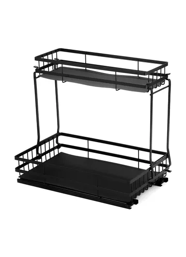 Under Sink Pull Out Organizer Spice Bottles, Dual Layer Storage Rack Carbon Steel Sliding Cabinet Storage Basket - Black