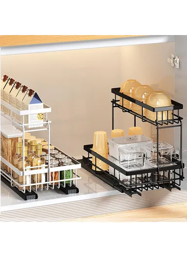 Under Sink Pull Out Organizer Spice Bottles, Dual Layer Storage Rack Carbon Steel Sliding Cabinet Storage Basket - Black