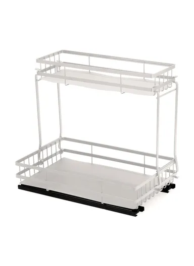 Under Sink Pull Out Organizer Spice Bottles Dual Layer Storage Rack Carbon Steel Sliding Cabinet Storage Basket - White