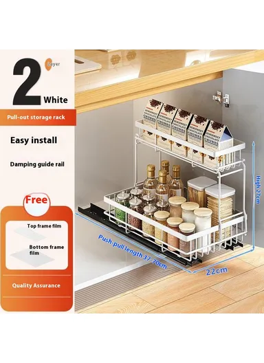 Under Sink Pull Out Organizer Spice Bottles Dual Layer Storage Rack Carbon Steel Sliding Cabinet Storage Basket - White