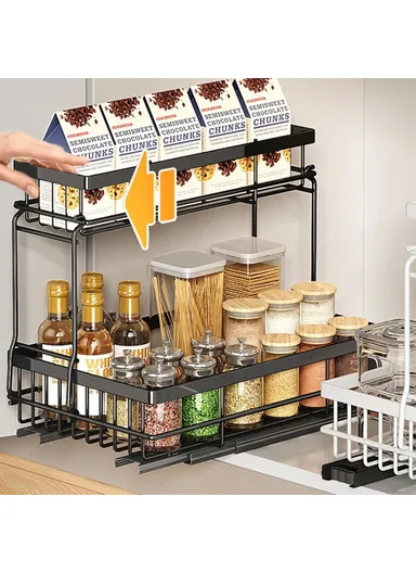 Under Sink Pull Out Organizer Spice Bottles Dual Layer Storage Rack Carbon Steel Sliding Cabinet Storage Basket - White