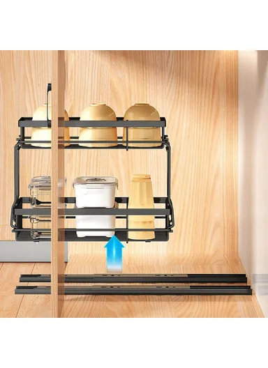 Under Sink Pull Out Organizer Spice Bottles Dual Layer Storage Rack Carbon Steel Sliding Cabinet Storage Basket - White