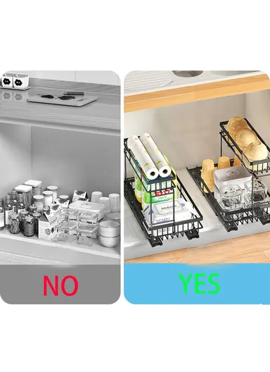 Under Sink Pull Out Organizer Spice Bottles Dual Layer Storage Rack Carbon Steel Sliding Cabinet Storage Basket - White