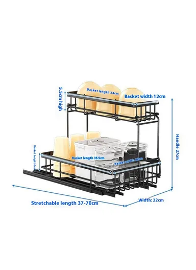 Under Sink Pull Out Organizer Spice Bottles Dual Layer Storage Rack Carbon Steel Sliding Cabinet Storage Basket - White