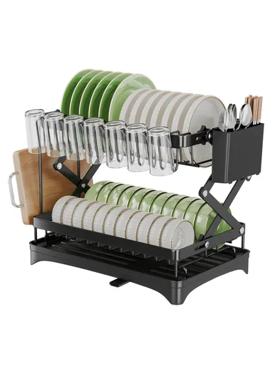 Carbon Steel Foldable Dish Rack Kitchen Countertop, Organizer with Cutlery Holder &amp; Cutting Board Holder Drip Tray