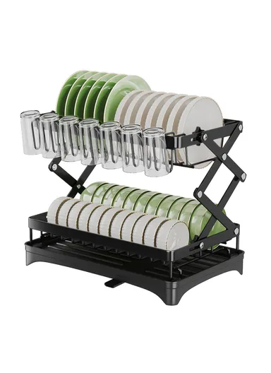 Carbon Steel Foldable Dish Rack Kitchen Countertop, Organizer with Cutlery Holder &amp; Cutting Board Holder Drip Tray