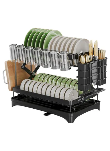 Carbon Steel Foldable Dish Rack Kitchen Countertop, Organizer with Cutlery Holder &amp; Cutting Board Holder Drip Tray