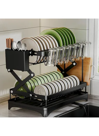 Carbon Steel Foldable Dish Rack Kitchen Countertop, Organizer with Cutlery Holder &amp; Cutting Board Holder Drip Tray
