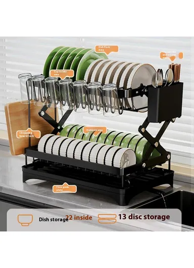 Carbon Steel Foldable Dish Rack Kitchen Countertop, Organizer with Cutlery Holder &amp; Cutting Board Holder Drip Tray
