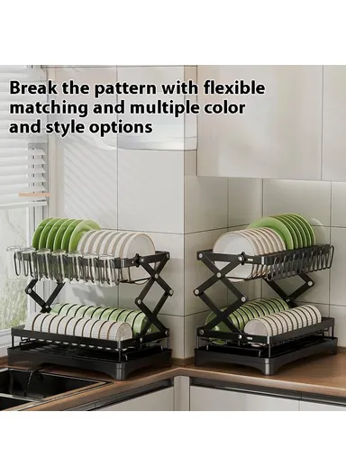 Carbon Steel Foldable Dish Rack Kitchen Countertop, Organizer with Cutlery Holder &amp; Cutting Board Holder Drip Tray