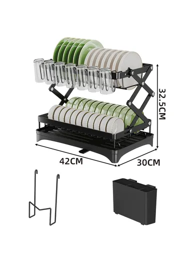 Carbon Steel Foldable Dish Rack Kitchen Countertop, Organizer with Cutlery Holder &amp; Cutting Board Holder Drip Tray
