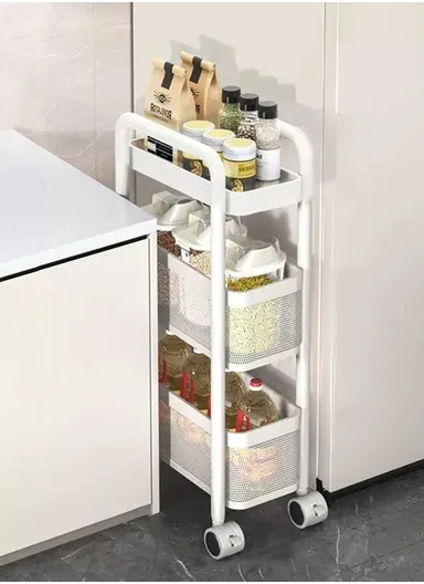 Round Tube 3 Tiers Slim Rolling Storage Cart for Kitchen Bathroom Movable Mesh Organizer with Wheels - White