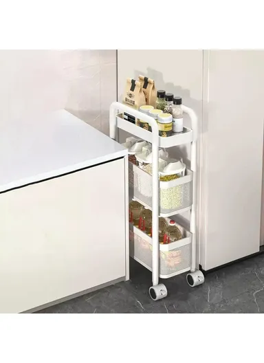 Round Tube 3 Tiers Slim Rolling Storage Cart for Kitchen Bathroom Movable Mesh Organizer with Wheels - White