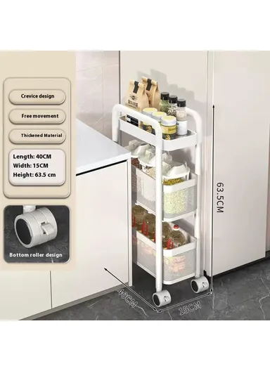 Round Tube 3 Tiers Slim Rolling Storage Cart for Kitchen Bathroom Movable Mesh Organizer with Wheels - White
