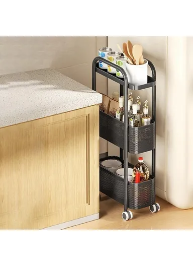 Round Tube 3 Tiers Slim Rolling Storage Cart for Kitchen Bathroom Movable Mesh Organizer with Wheels - Black