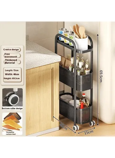 Round Tube 3 Tiers Slim Rolling Storage Cart for Kitchen Bathroom Movable Mesh Organizer with Wheels - Black
