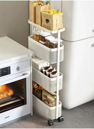 Round Tube 4-Tiers Slim Rolling Storage Cart for Kitchen Bathroom Movable Mesh Organizer with Wheels - White