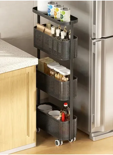 Round Tube 4-Tiers Slim Rolling Storage Cart for Kitchen Bathroom Movable Mesh Organizer with Wheels - Black