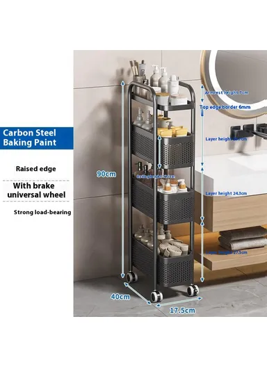Round Tube 4-Tiers Slim Rolling Storage Cart for Kitchen Bathroom Movable Mesh Organizer with Wheels - Black