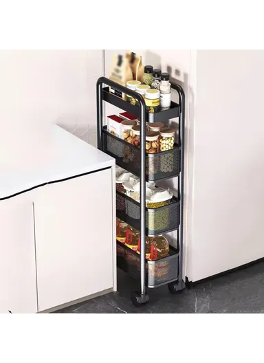 Round Tube 4-Tiers Slim Rolling Storage Cart for Kitchen Bathroom Movable Mesh Organizer with Wheels - Black