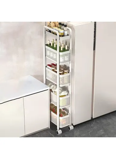 Round Tube 5 Tiers Slim Rolling Storage Cart for Kitchen Bathroom Movable Mesh Organizer with Wheels - White