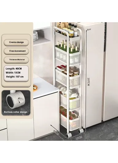 Round Tube 5 Tiers Slim Rolling Storage Cart for Kitchen Bathroom Movable Mesh Organizer with Wheels - White