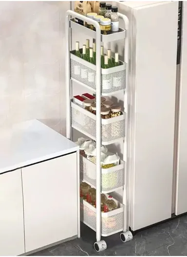 Round Tube 5 Tiers Slim Rolling Storage Cart for Kitchen Bathroom Movable Mesh Organizer with Wheels - White