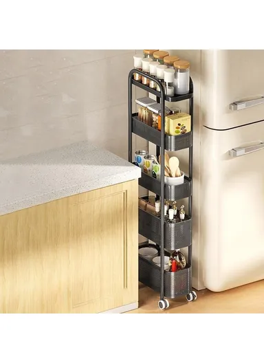 Round Tube 5-Tiers Slim Rolling Storage Cart for Kitchen Bathroom Movable Mesh Organizer with Wheels - Black