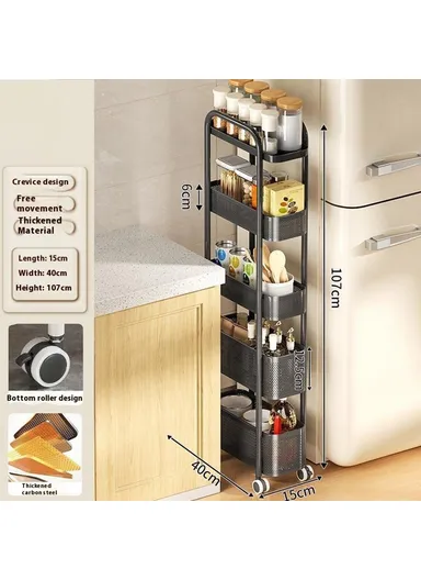 Round Tube 5-Tiers Slim Rolling Storage Cart for Kitchen Bathroom Movable Mesh Organizer with Wheels - Black