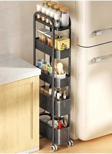 Round Tube 5-Tiers Slim Rolling Storage Cart for Kitchen Bathroom Movable Mesh Organizer with Wheels - Black