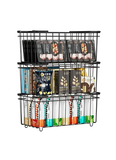 3Pcs Carbon Steel Storage Basket for Kitchen &amp; Cabinet Fridge Organizer Drawer with Handle